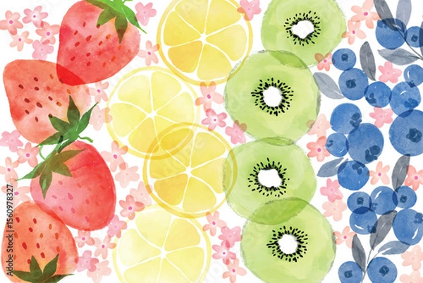 Obraz Summer fruits watercolor art colorful pattern background. Sweet kiwi, strawberry, blueberry and lemon in frame.Summer fruits pattern. Fruit berry background. Watercolor fruit texture
