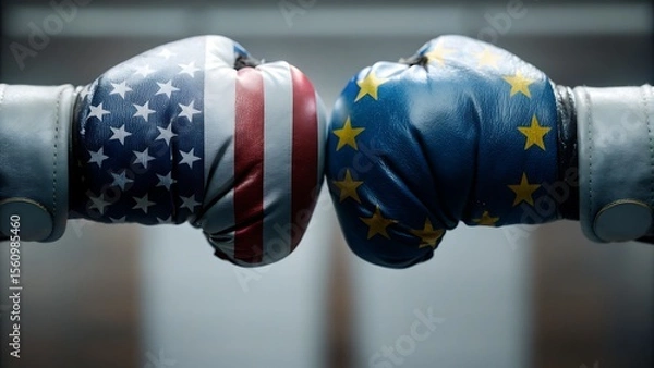 Fototapeta Boxing gloves featuring the american flag and the european union flag touching each other