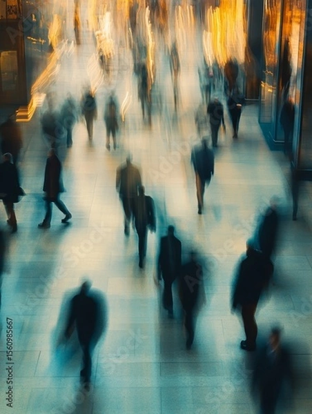 Fototapeta Long exposure shot of crowd of business people walking in bright office lobby fast moving with blurry - ai