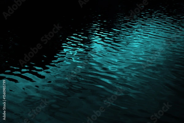 Obraz Black dark blue green teal water. Night. Ripples reflection light moonlight. Little waves. Gradient. Abstract. Contrast. Sea surface. Background with space for design.	