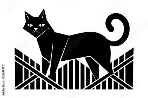 Fototapeta Black cat standing on abstract geometric fence vector art animal feline