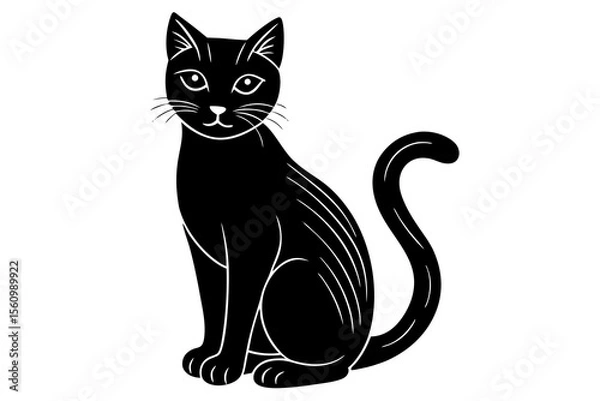 Fototapeta Black cat sitting vector illustration with white outlines on white background sitting cat feline