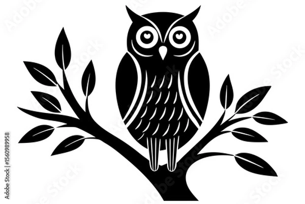 Fototapeta Black and white vector illustration of an owl perched on a tree branch with leaves bird