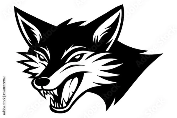 Fototapeta Black and white vector illustration of a fierce fox head with sharp teeth and pointed ears wolf canine