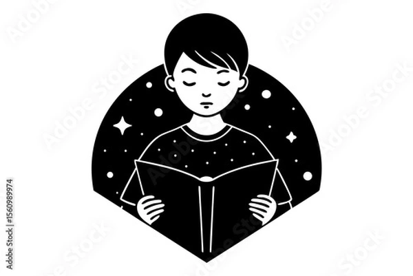 Fototapeta Black and white stylized vector art of a boy reading a book with stars and dots in the background open book