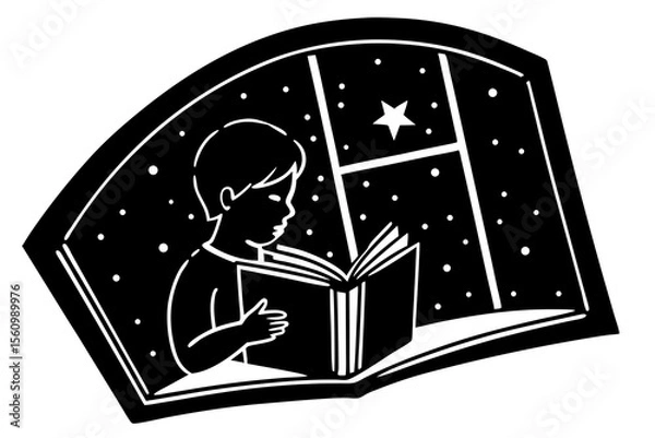 Fototapeta Black and white vector illustration of a child reading a book by a window at night with stars