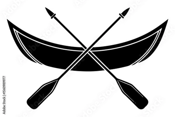 Fototapeta Black and white vector graphic of a canoe with crossed oars boat paddles