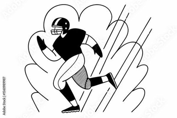 Fototapeta Black and white illustration of an American football player running with dynamic motion lines and abstract shapes