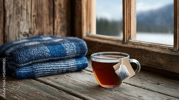 Obraz Cozy teacup by the window with a plaid blanket.