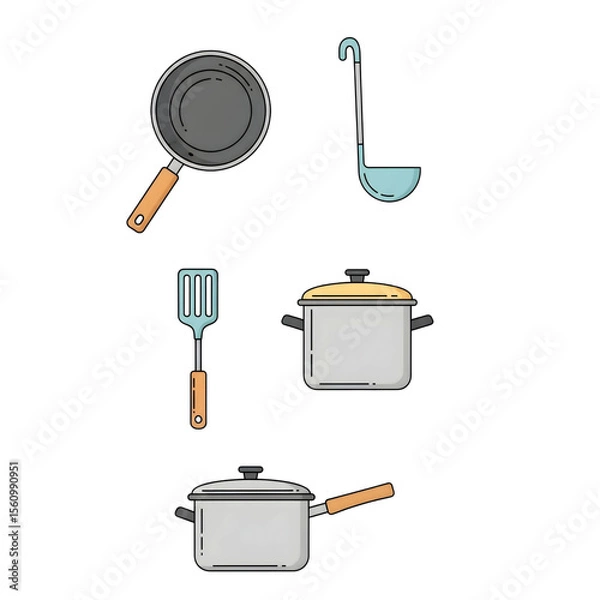 Obraz Flat-style kitchen cooking tools including pot, pan, and ladle in minimalist design – PNG Transparent Background
