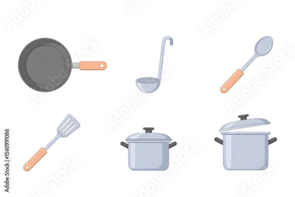 Obraz Isometric kitchen cooking tools including pot, ladle, and frying pan in clean vector style – PNG Transparent Background