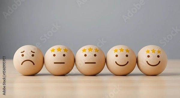 Obraz Customer satisfaction survey with wooden balls showing different emotions and star ratings