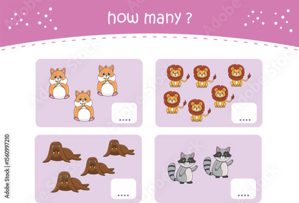 Fototapeta Count and match activity page for kids with cute wild animals. Elementary math for preschool and kindergarten. Vector illustration