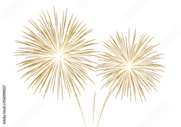 Fototapeta Two golden fireworks burst in a festive pyrotechnic display isolated on transparent background