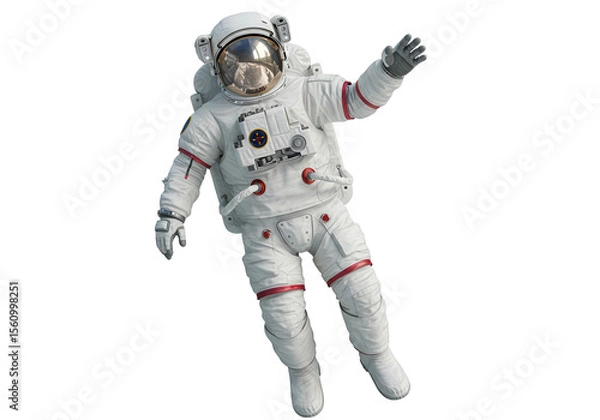 Fototapeta An astronaut in a white space suit floats in zero gravity isolated on transparent background