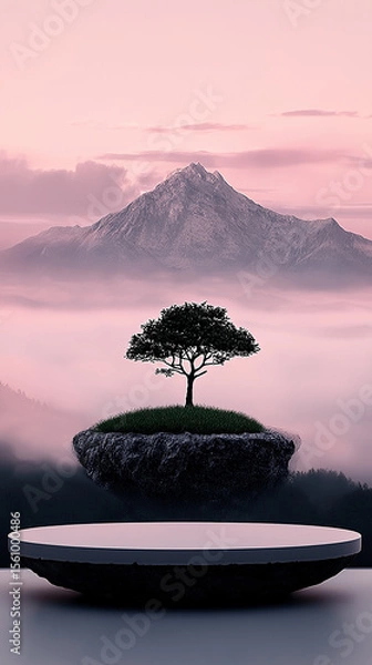 Obraz Lone Tree on Misty Hilltop with Majestic Mountain View – Tranquil and Enchanting Nature Landscape, 