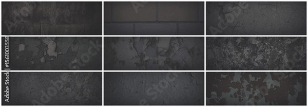 Fototapeta Set of dark panoramic background textures. Collection of wide textures with peeling paint, cracks, scratches, noise and grain. Faded rough surfaces of old walls. Bundle of gray backgrounds for design.