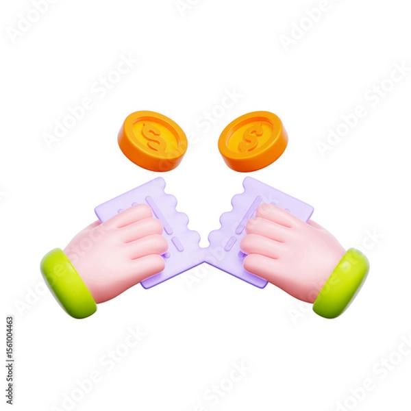 Fototapeta 3D icon of two hands tearing a ticket or coupon. For split bill, shared expenses, group payments, and financial division.