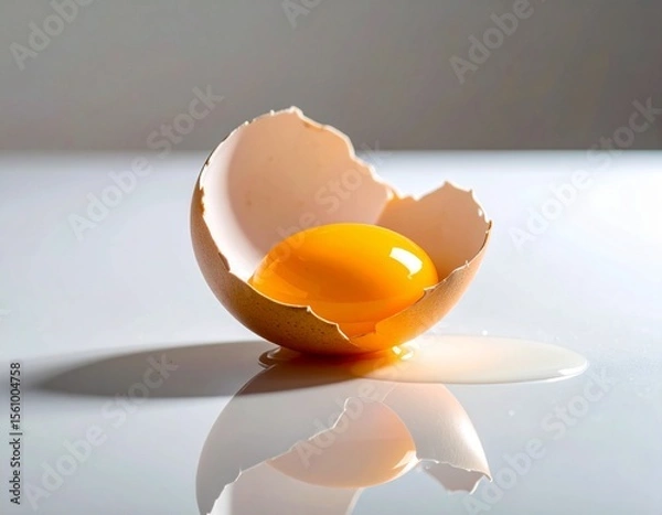 Obraz A single cracked egg yolk on a glossy white surface