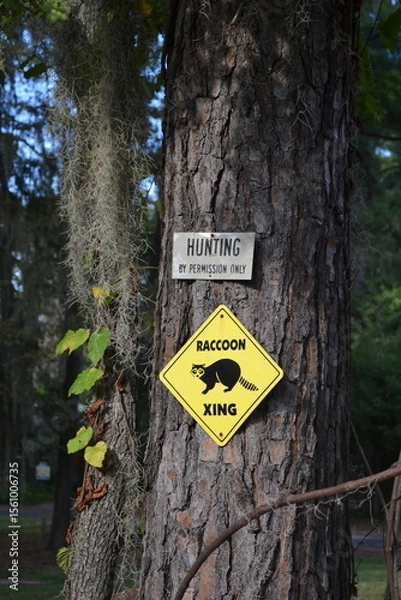 Fototapeta  Raccoon Territory Warning Sign on tree in Caddo Lake Area, Texas