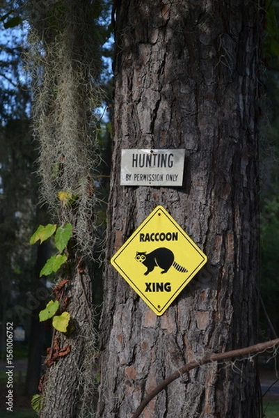 Fototapeta No hunting - Racconn Territory Warning Sign on tree in Caddo Lake Area, Texas