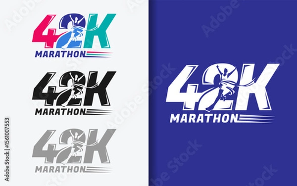 Obraz Modern minimalist logo combining 42K and a runner crossing the finish line. Perfect for marathon event branding, athletic activity, and long-distance running sport themes.