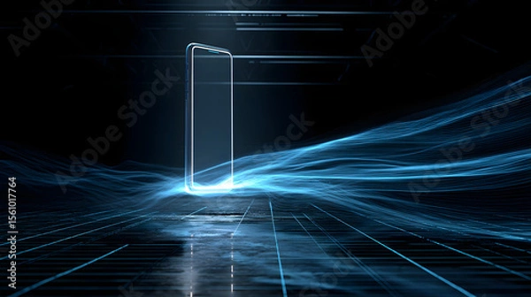 Fototapeta Smartphone in digital landscape: A sleek smartphone floats in a vibrant digital realm, its screen glowing, surrounded by dynamic lines, emphasizing modern connectivity and technology.
