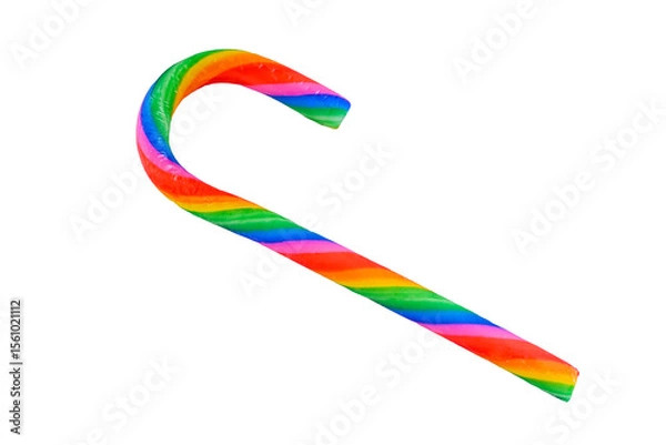 Fototapeta Bright rainbow candy cane with colorful stripes isolated on white background. Festive, cheerful and sweet holiday treat perfect for Christmas, party decoration or fun seasonal celebration concept.