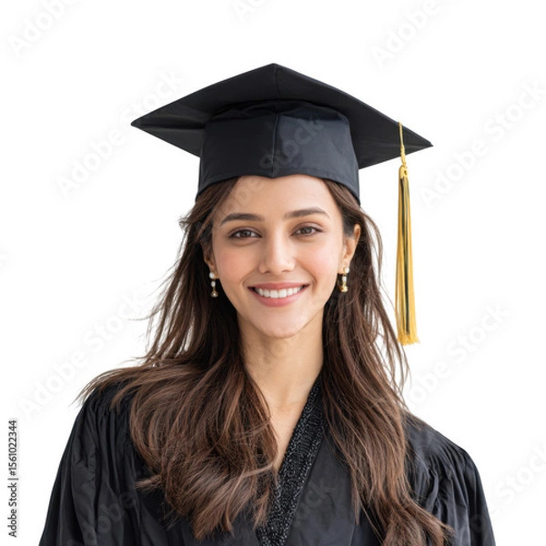 Fototapeta A joyful graduate wearing a black cap and gown. smiling confidently against a plain background. celebrating academic achievement with a sense of pride and accomplishment