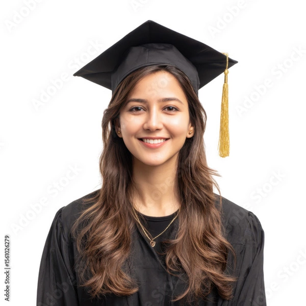 Fototapeta A joyful graduate wearing a black cap and gown. smiling confidently at the camera. with a bright white background highlighting her achievement and readiness for future opportunities