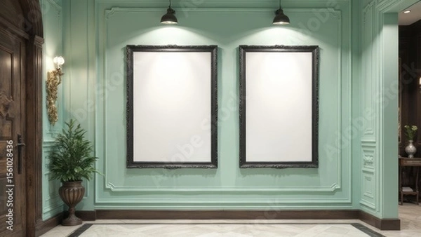 Fototapeta Two empty picture frames on a mint green wall.