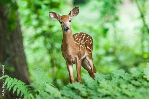 Fototapeta a fawn bewildered in the middle of the old forest