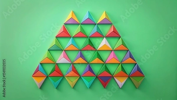 Fototapeta Geometric triangles with bright colors arranged in a symmetrical pattern on a soft green background