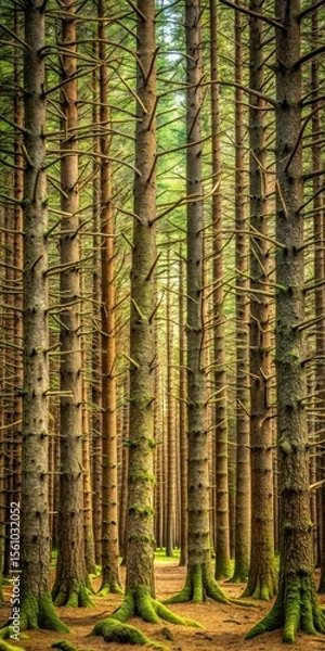 Fototapeta Dense Fir tree forest with twisted trunks and branches forming an abstract background of natural textures and earthy tones