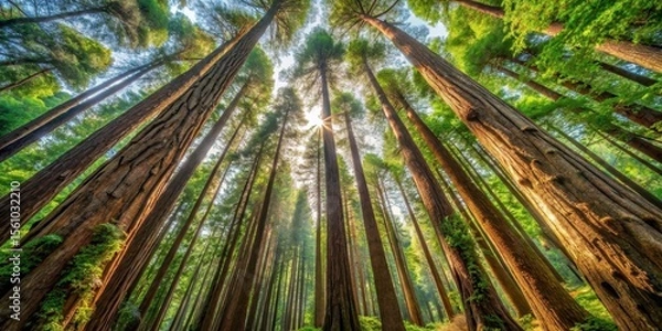 Fototapeta Forest of towering trees in dense red wood