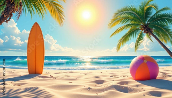 Fototapeta Vibrant beach scene featuring surfboard and colorful beach ball on soft sand, with palm trees framing view. sun shines brightly over ocean waves, creating cheerful and inviting atmosphere
