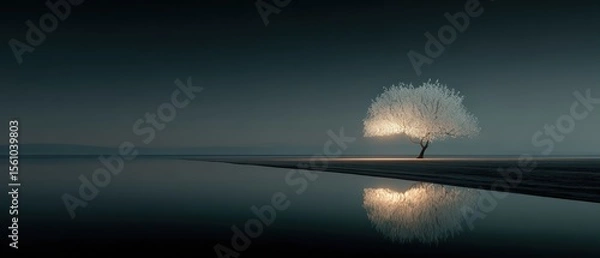 Fototapeta Serene Landscape with Bare Tree and Calm Water Reflection at Dusk