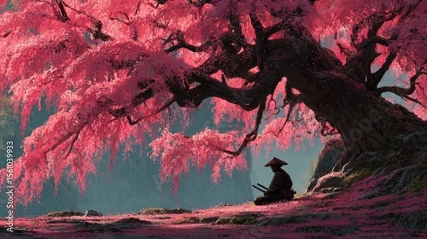 Fototapeta Tranquil Scene Under Cherry Blossom Tree with Meditative Samurai