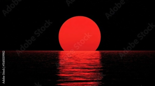 Fototapeta Vibrant Red Sun Setting Over Calm Ocean Waters at Dusk