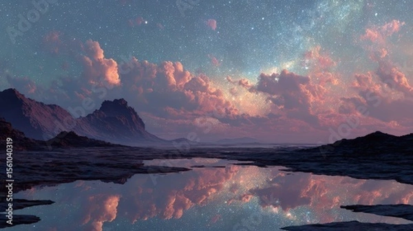 Fototapeta Stunning Landscape with Stars and Colorful Clouds at Dusk