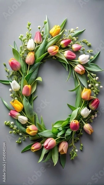 Fototapeta Floral wreath with tulips and greenery on a gray background