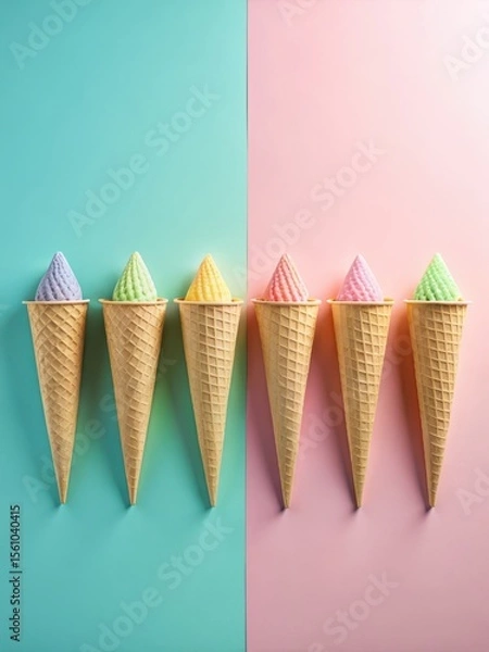 Fototapeta Pastel coloured ice cream cones arranged in a modern minimalist composition with clean lines and empty space surrounding them