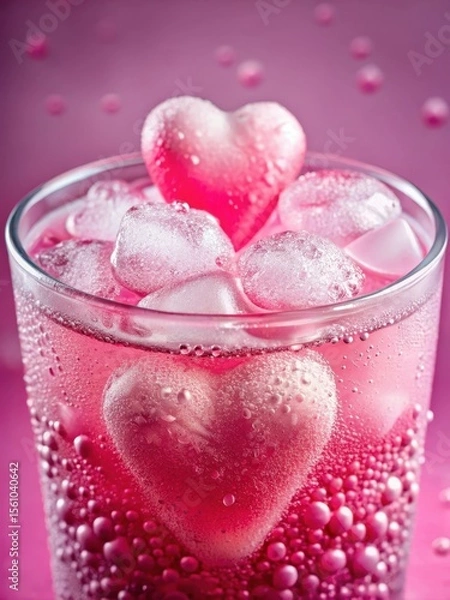 Fototapeta Heart-shaped ice cubes floating on a pink-colored soda with foam topping and carbonation bubbles