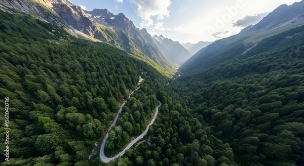 Obraz Aerial View of Winding Mountain Road Through Lush Green Forest