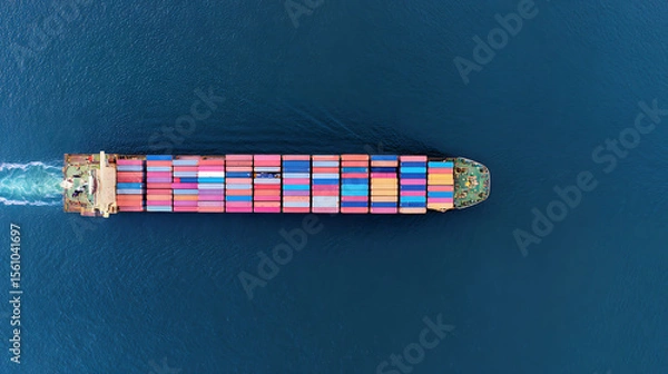 Fototapeta Aerial top view of large container ship at sea, global freight transport, export import cargo logistics, copy space