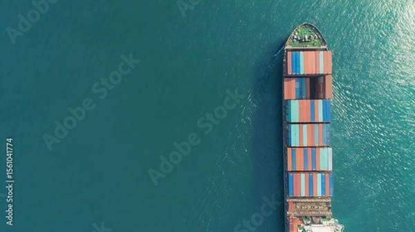 Fototapeta Aerial top view of large container ship at sea, global freight transport, export import cargo logistics, copy space