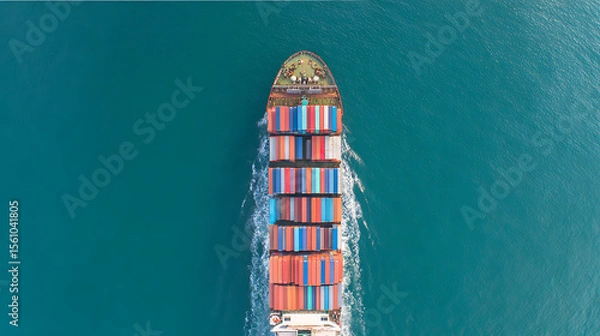 Fototapeta Aerial top view of large container ship at sea, global freight transport, export import cargo logistics, copy space