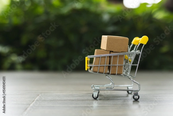 Fototapeta Shopping cart or trolley with Paper box, copy space. Put product in basket. delivery logistic sell service. Online shopping.