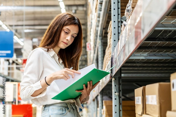 Obraz Focused on her task, a young woman holding clipboard meticulously updates inventory records while surrounded by shelves filled with various products in a vibrant warehouse setting