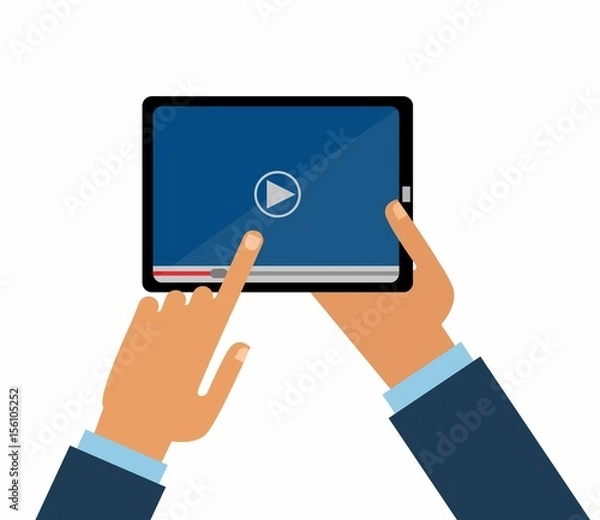 Fototapeta Men Hands holds  tablet screen . Video player application on your tablet  screen. Video.